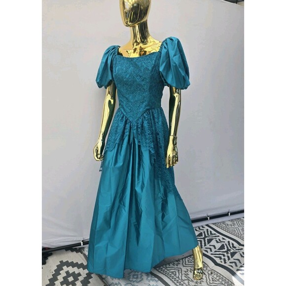 VTG 80s Loralie Blossoms Puff Sleeve On Off Shoulder Lace Dress 12 M - Picture 2 of 9